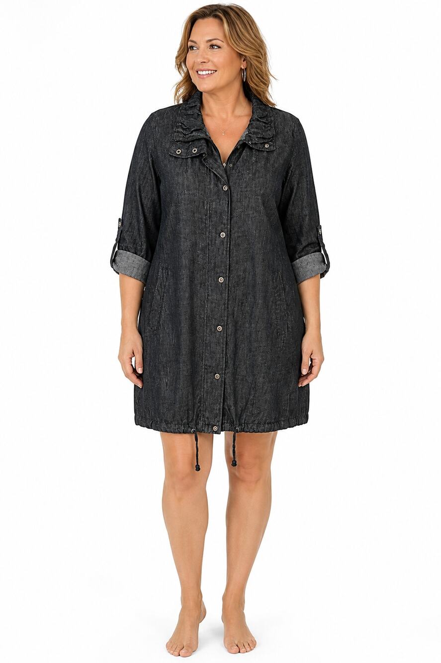 AMX 2X Charcoal Denim Shirt Dress Snap Front Roll Tab Sleeves Cotton